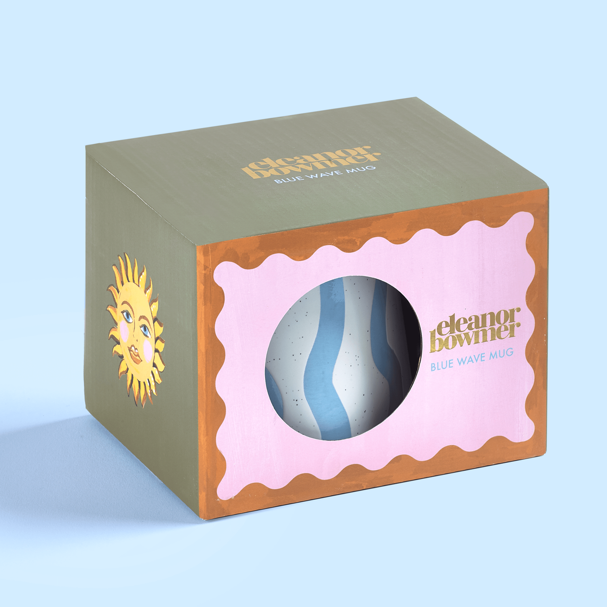 Eleanor Bowmer Blue Wave Mug in its window gift box