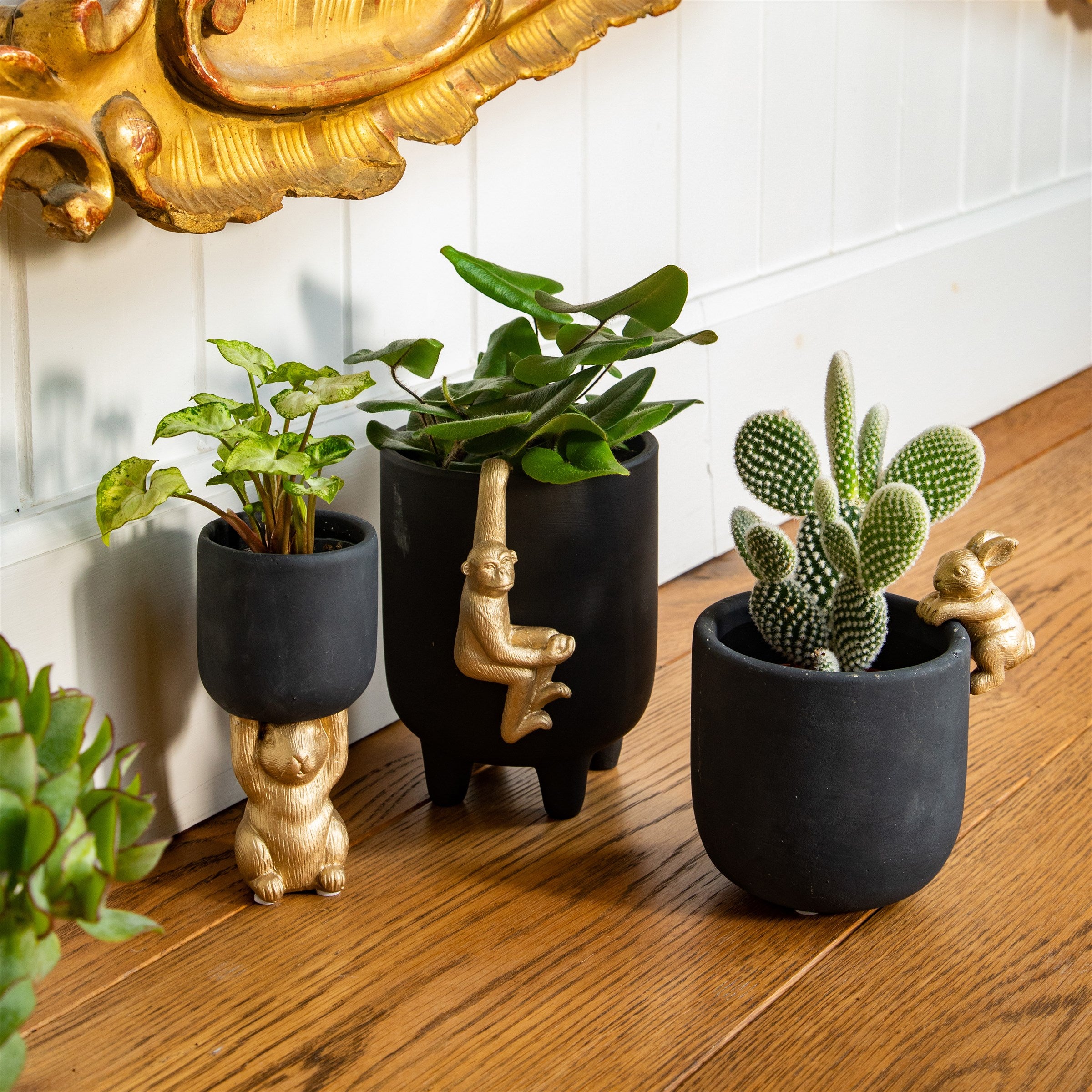 Small Black And Gold Rabbit Planter Cement Matte Finish