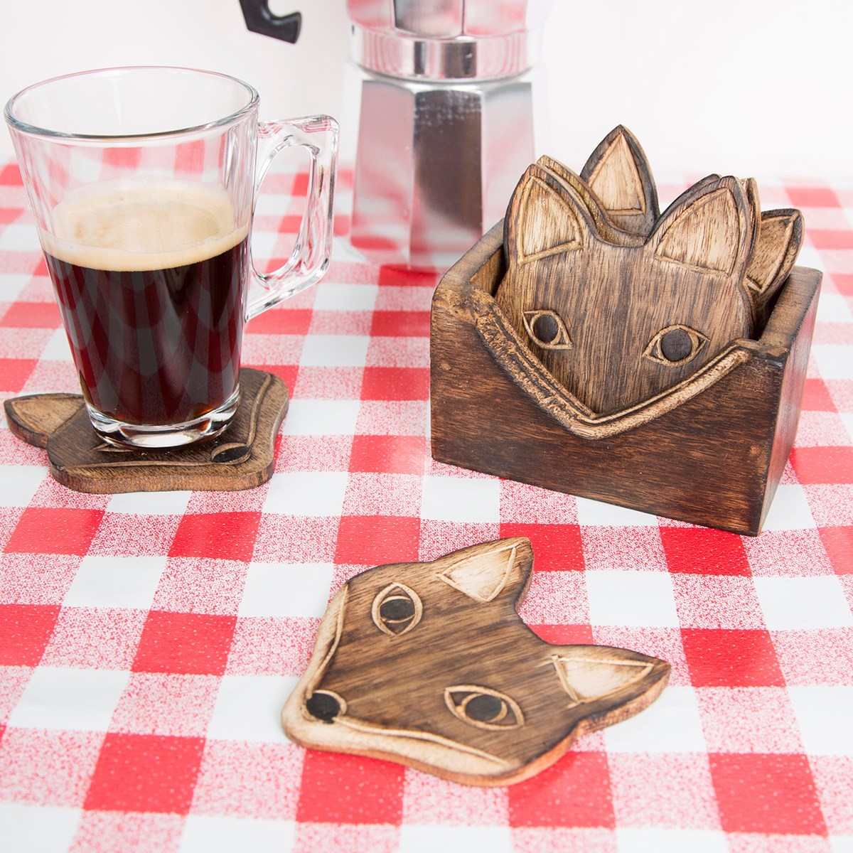 Wooden Brown Fox Coasters - Set Of 6