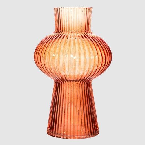 Sass And Belle Large Amber Shapely Fluted Glass Vase