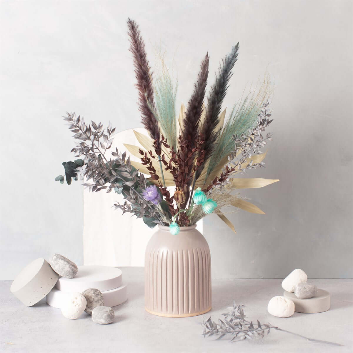Sass & Belle speckled grey grooved vase styled at home