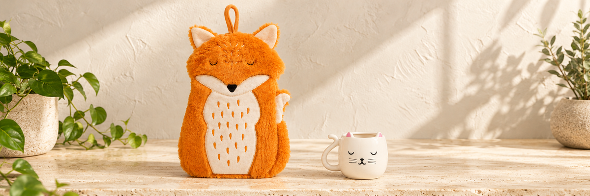Cosy Finley Fox Hot Water Bottle and Cutie Cat Mug arranged in a warm, softly lit setting.