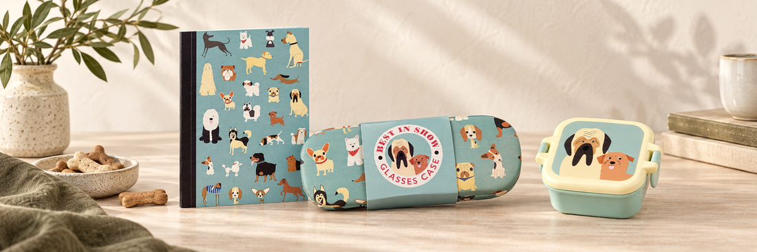 Dog-patterned stationery, glasses case and small dish