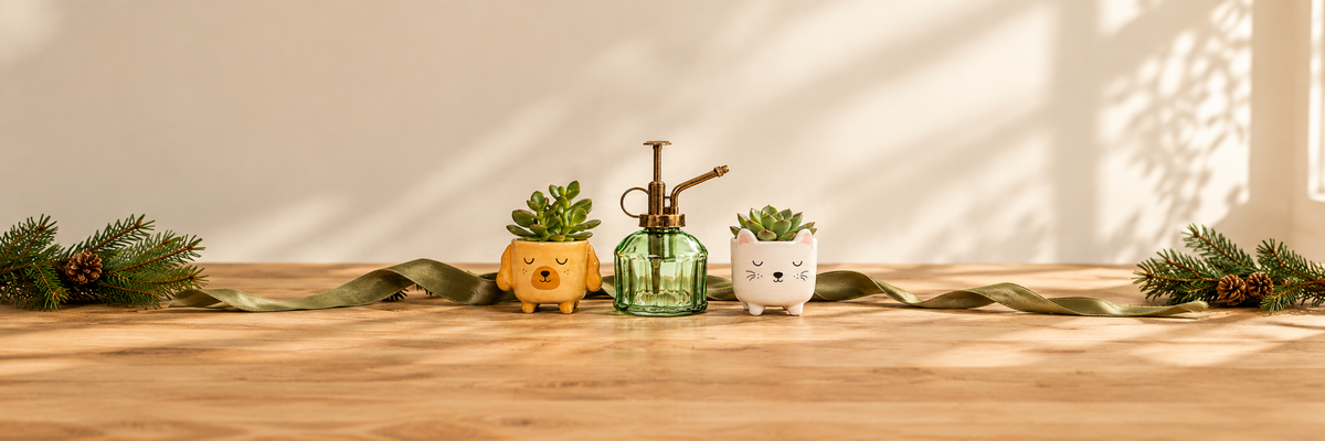 Green glass plant mister with mini cockapoo and cat planters, succulents and festive greenery.
