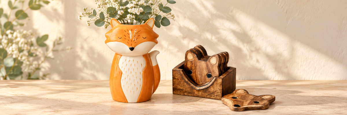 Finley Fox Vase and Wooden Fox Coasters - Set of 6 arranged in a warm, softly lit setting.