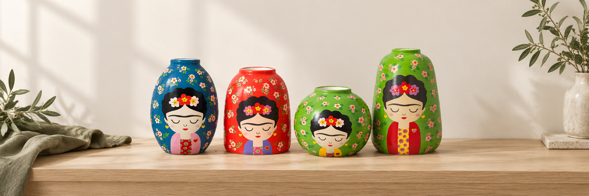 Blue, red and green Frida ceramic vases with floral patterns