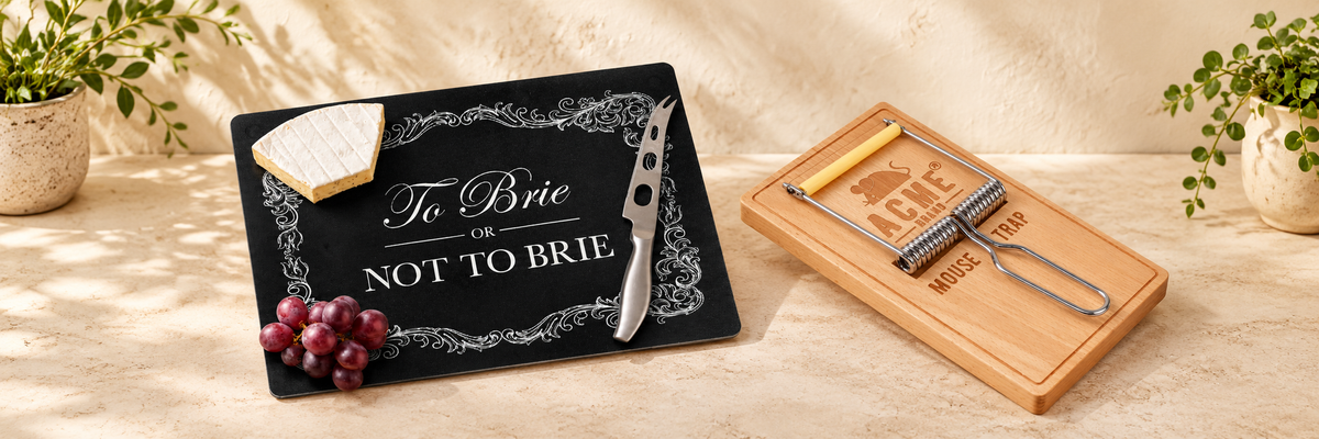 Cheesy Board To Brie Or Not To Brie and Oh Snap Cheese Board &amp; Slicer arranged in a warm, softly lit setting.
