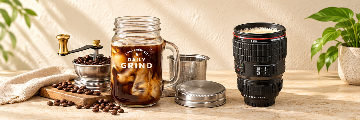 Cold Brew Coffee Kit and Camera Lens Mug arranged in a warm, softly lit setting.