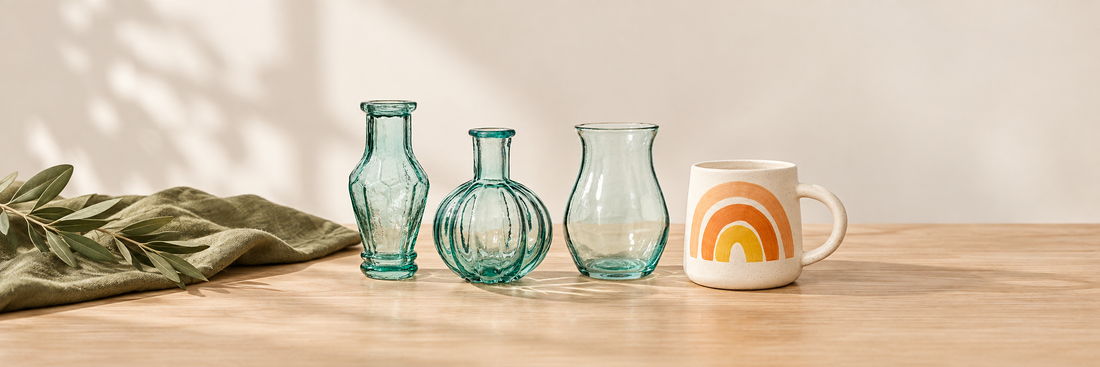 Green glass bud vases and a rainbow ceramic mug on a wooden table