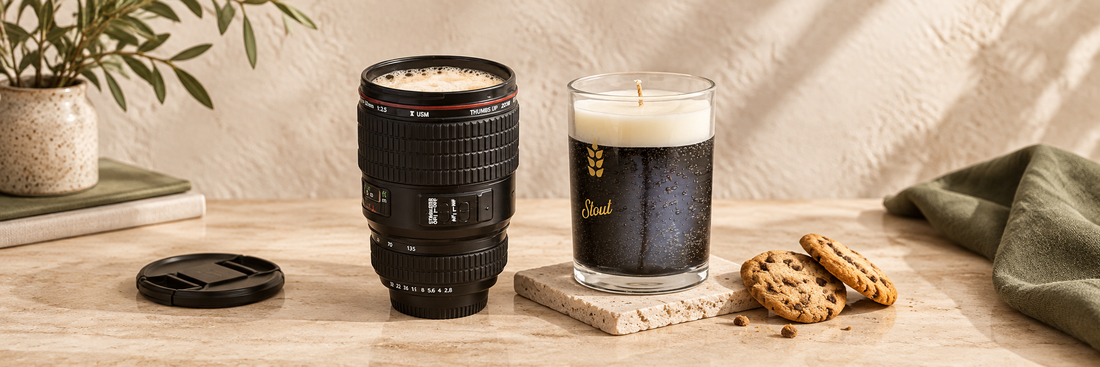 Camera lens mug beside a stout beer candle