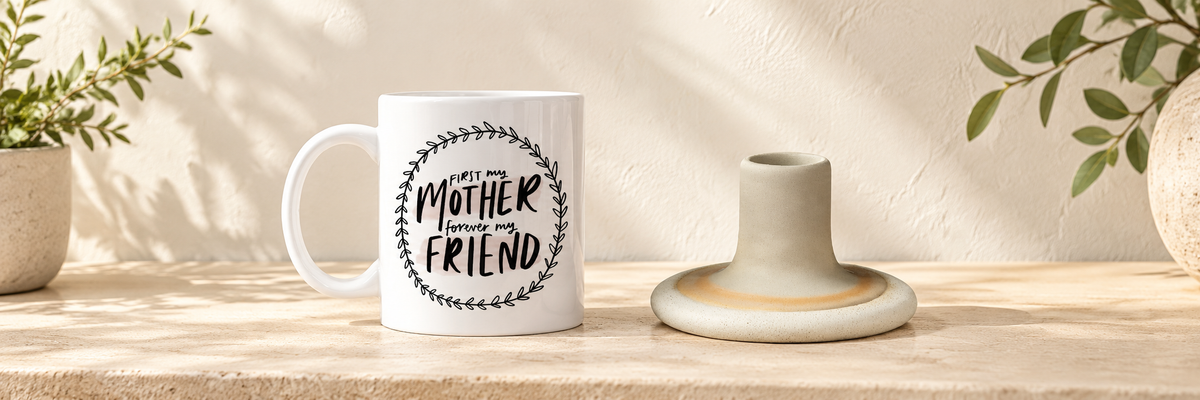 First My Mother, Forever My Friend Mug - 11oz and Mojave Glaze Grey Candle Holder arranged in a warm, softly lit setting.