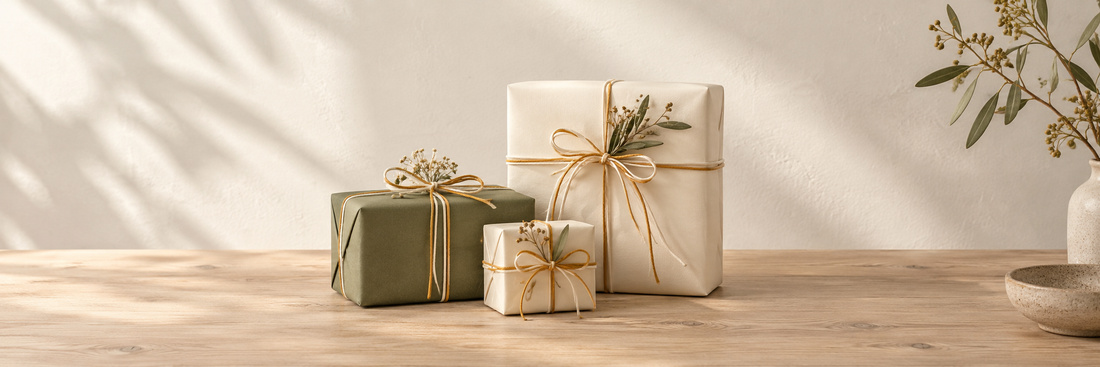 Three gift parcels wrapped in ivory and olive paper with cotton ribbons