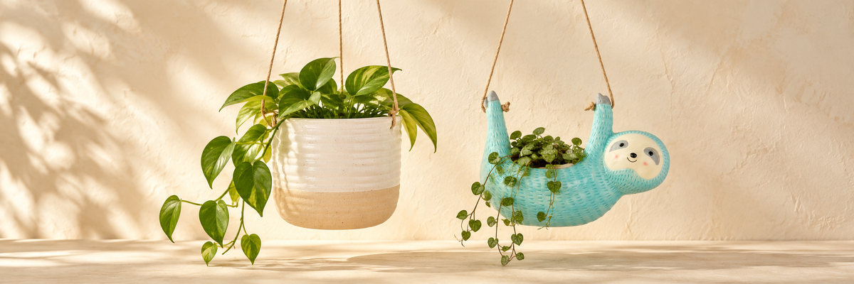 Rustic White Half Glazed Boho Hanging Planter and Seymour Sloth Hanging Planter - Blue arranged in a warm, softly lit setting.
