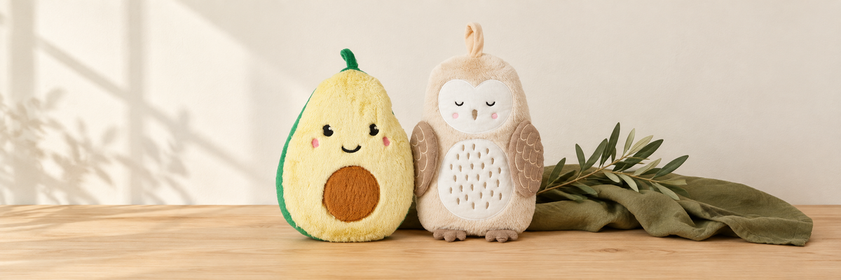 Avocado and owl hot water bottles with soft fabric covers