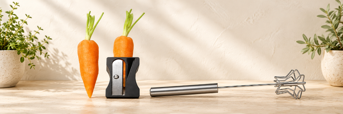 Karoto Vegetable Sharpener Peeler and Rotary Whisk &amp; Frother arranged in a warm, softly lit setting.