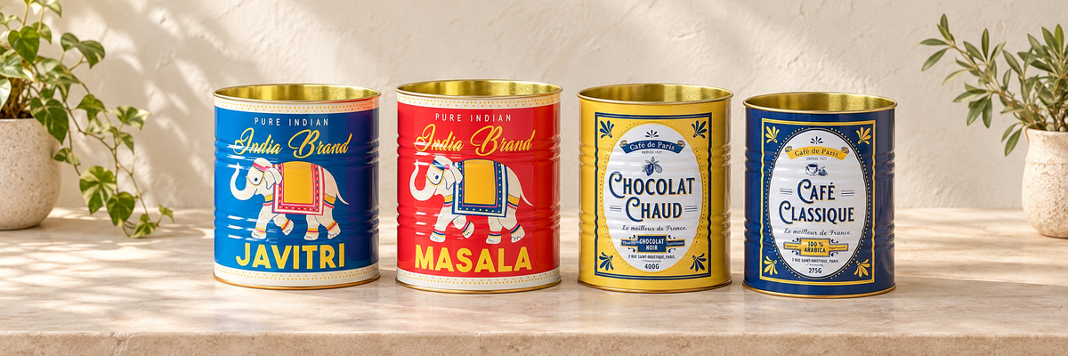 Retro Storage Tins Set Of Two Masala &amp; Javitri and Café de Paris Storage Tins - Set of 2 arranged in a warm, softly lit setting.