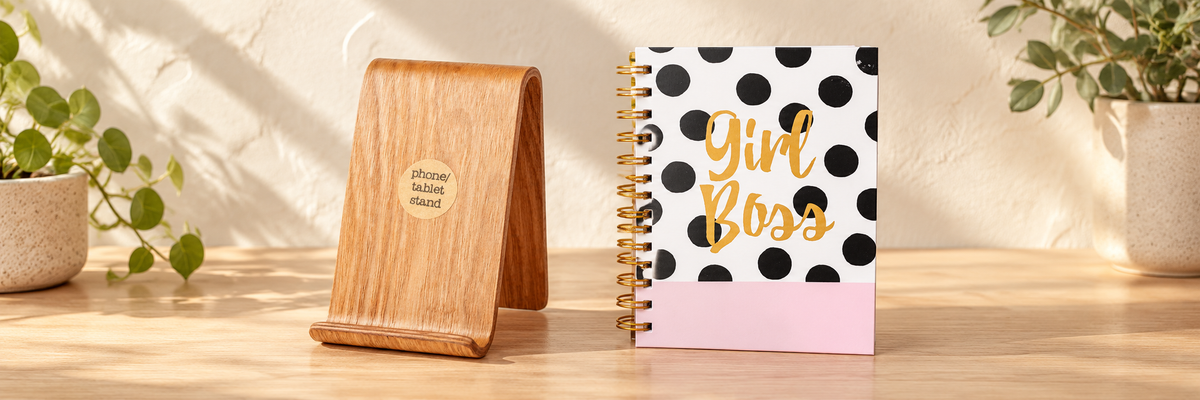 Willow Wood Phone &amp; Tablet Stand and Ava &amp; I Girl Boss Notebook arranged in a warm, softly lit setting.