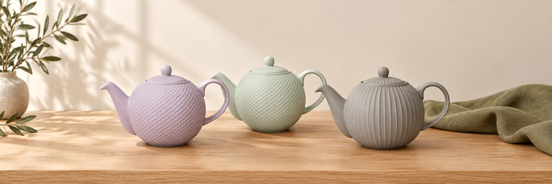 Lilac, pale green and grey textured London Pottery teapots
