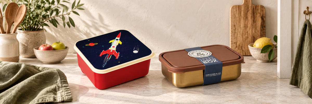 Space-themed lunchbox beside a stainless steel lunchbox with a brown lid