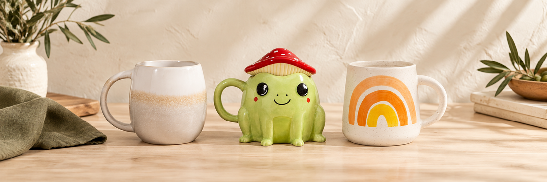 Grey glazed mug, frog mug with mushroom lid and rainbow mug