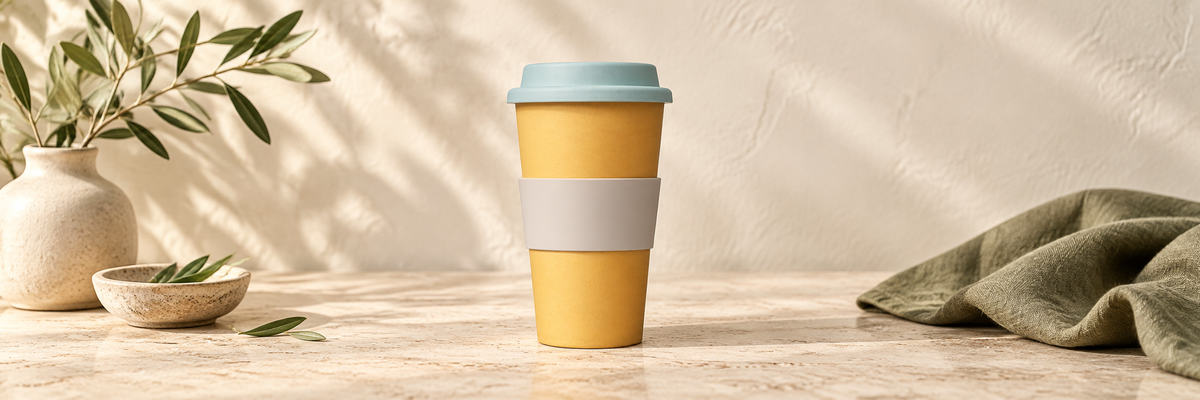 Yellow reusable travel mug with a grey lid