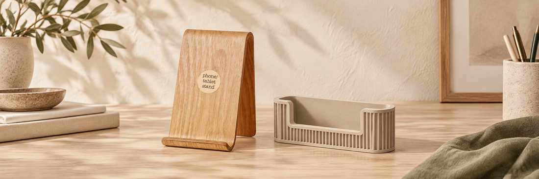 Wooden desk organiser and phone stand on a pale desk