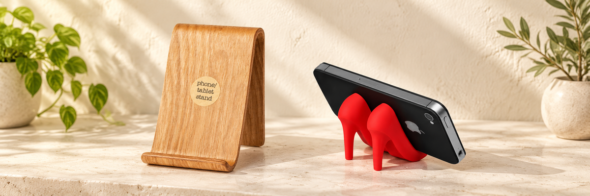 Willow Wood Phone &amp; Tablet Stand and Pumped Up Red High Heel Smartphone Stand Gift arranged in a warm, softly lit setting.