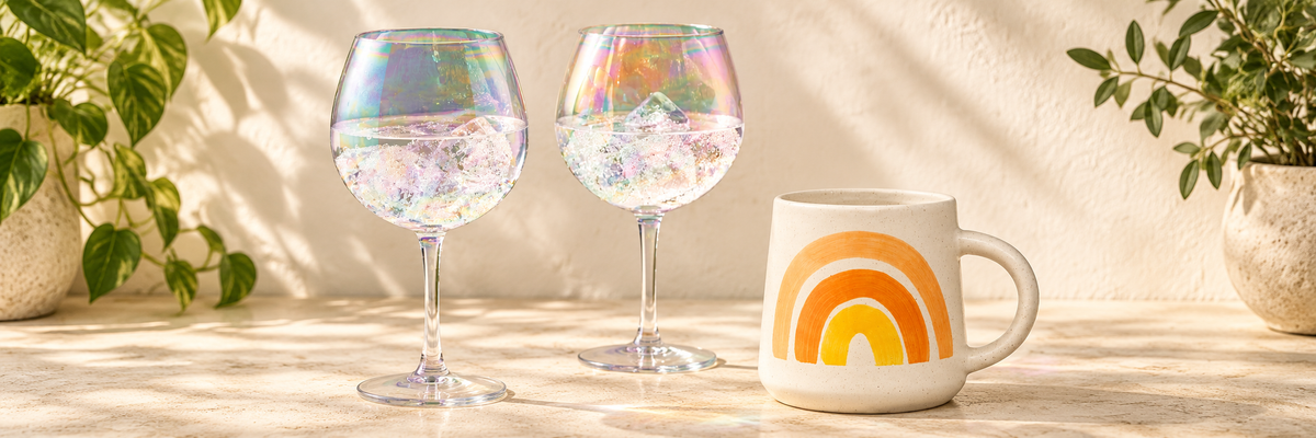Rainbow Mug and Set of Two Iridescent Copa Gin Glasses Long Stem arranged in a warm, softly lit setting.