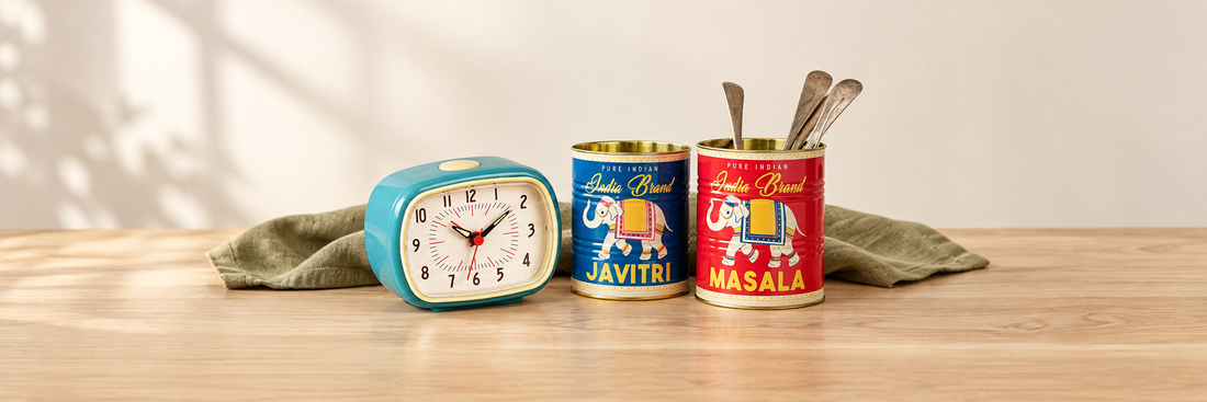 Turquoise retro alarm clock beside colourful storage tins