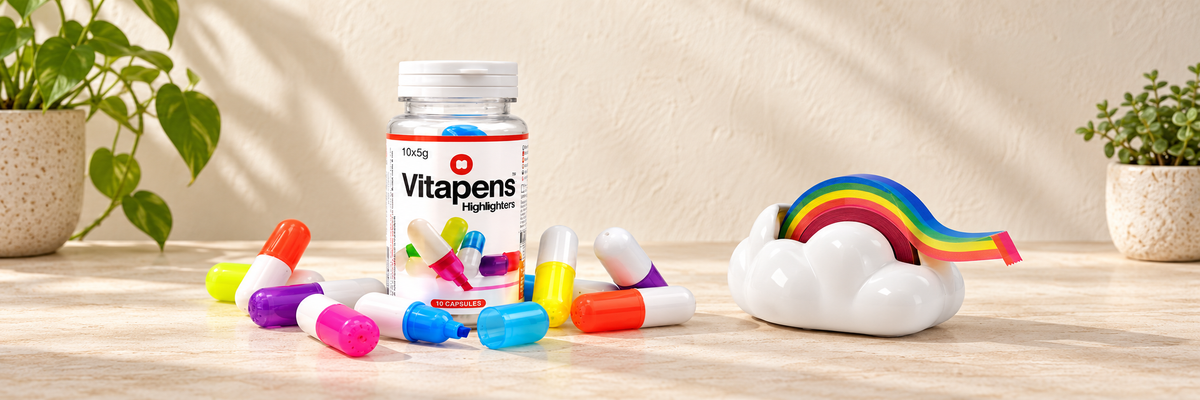 Vitapens Highlighters - Pack of 10 and Flying Colours Tape Dispenser arranged in a warm, softly lit setting.