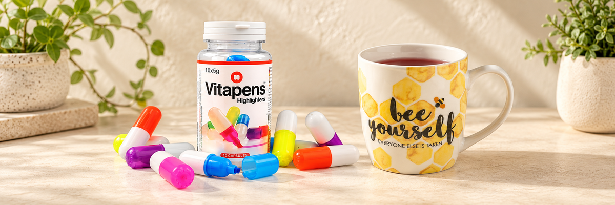 Vitapens Highlighters - Pack of 10 and OTT Bee Yourself Barrel Mug arranged in a warm, softly lit setting.