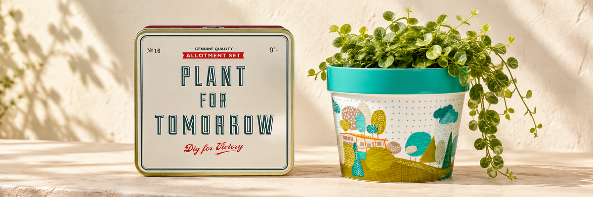 Home Front Allotment Gift Set and Thoughtful Gardener Ceramic Plant Pot arranged in a warm, softly lit setting.