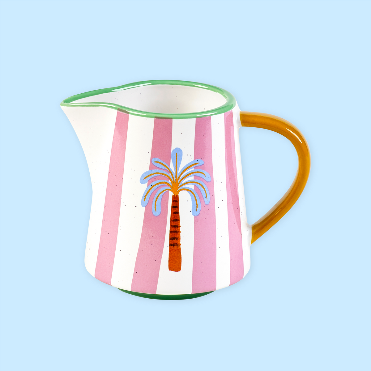 Eleanor Bowmer Palm Milk Jug with pink stripes, green rim and yellow handle