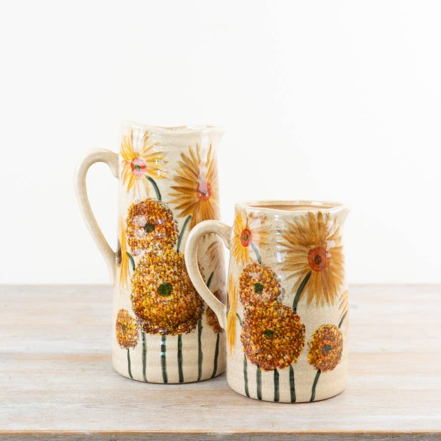 Tall Sunflower Jug Vase displayed beside a smaller coordinating jug