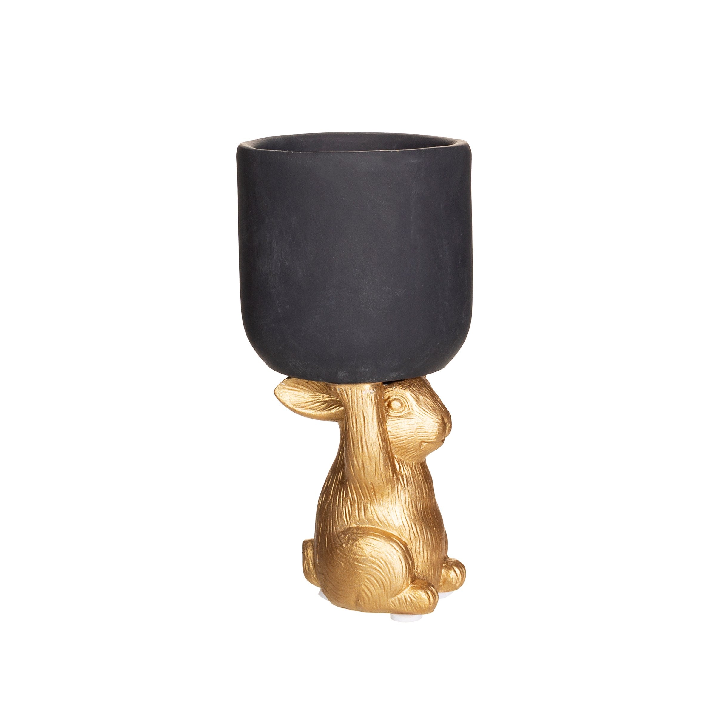 Small Golden Rabbit Pedestal Planter Made From Cement With Black Accents