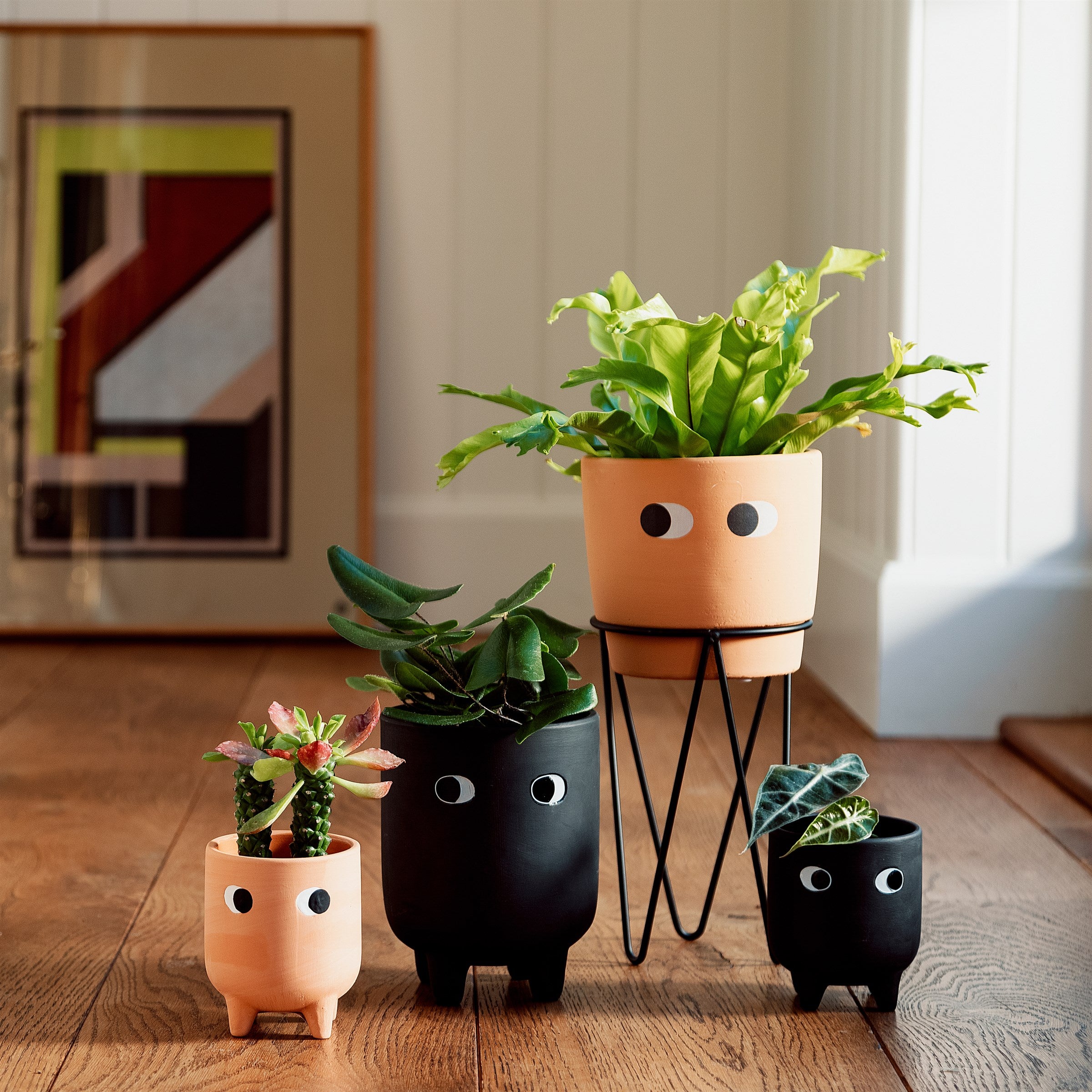 Tall Leggy Planter With Wire Stand Monochrome Terracotta White Finish