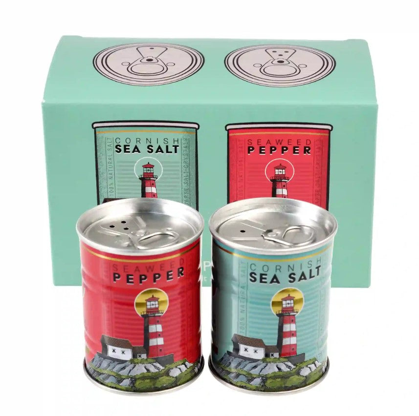 Rex Cornish Metal Tin Salt And Pepper Shaker Set With Retro Lighthouse Branding