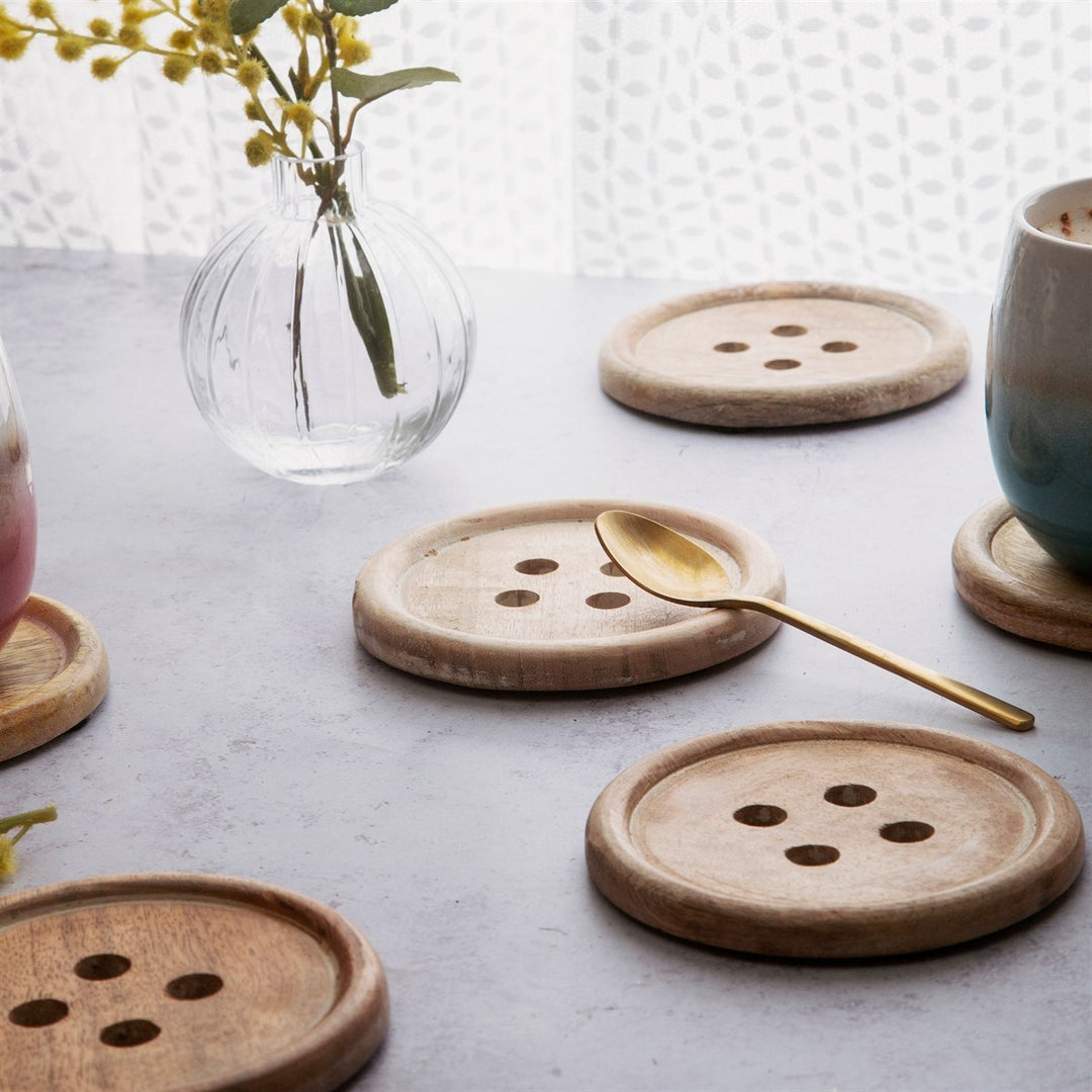 Wooden Brown Button Coaster - Set Of 6