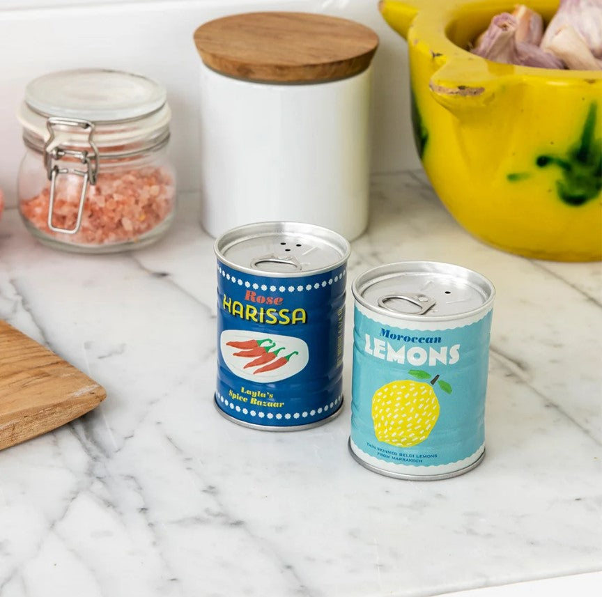 Rex Tin salt and pepper shakers - Lemons and harissa