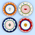 Four Eleanor Bowmer Electric Coast cake plates with palm, lips, cactus and sun illustrations