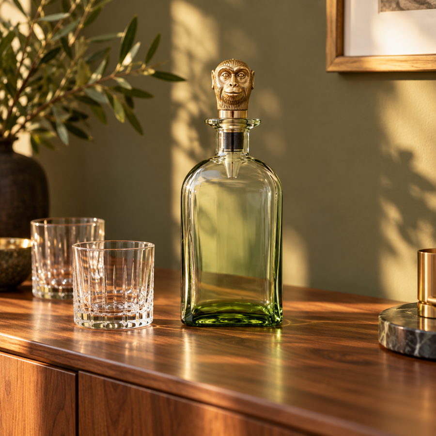 Green glass monkey-stopper decanter and tumblers on a walnut sideboard