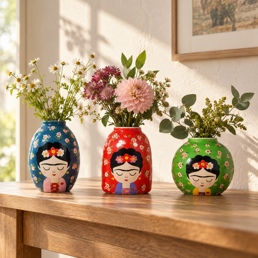 Floral Frida vases with flowers on a sunlit oak hallway console