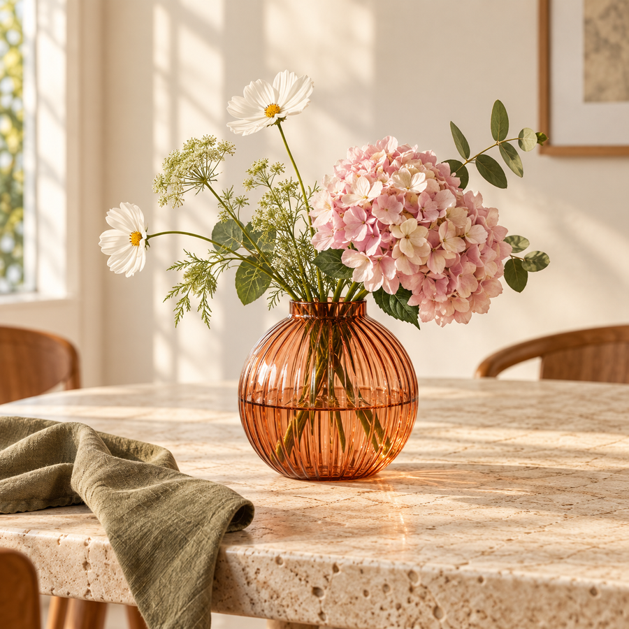 Amber ribbed glass vase with flowers on a travertine dining table