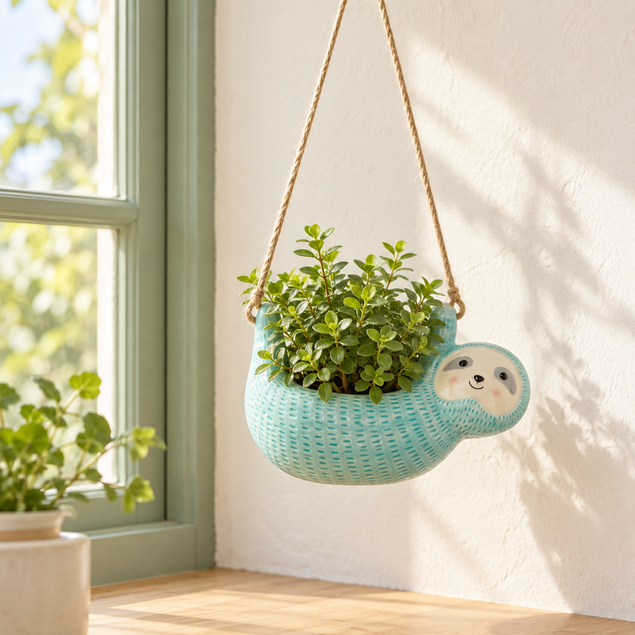 Turquoise ceramic sloth planter with small green leaves beside a sage kitchen window