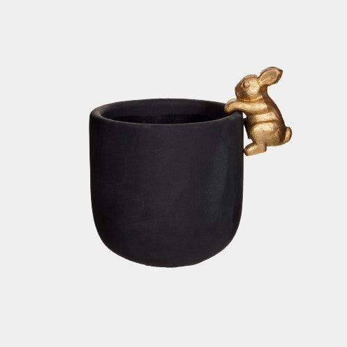 Small Black And Gold Rabbit Planter Cement Matte Finish