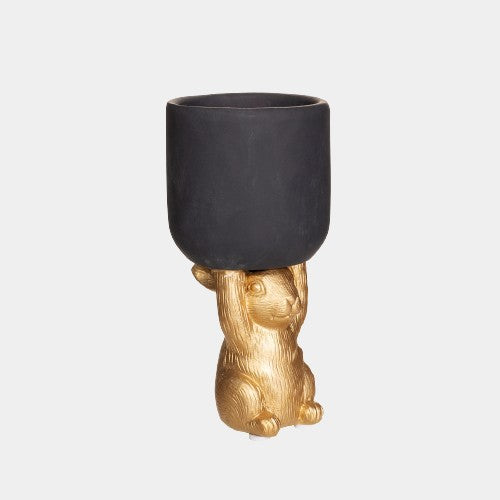 Small Golden Rabbit Pedestal Planter Made From Cement With Black Accents