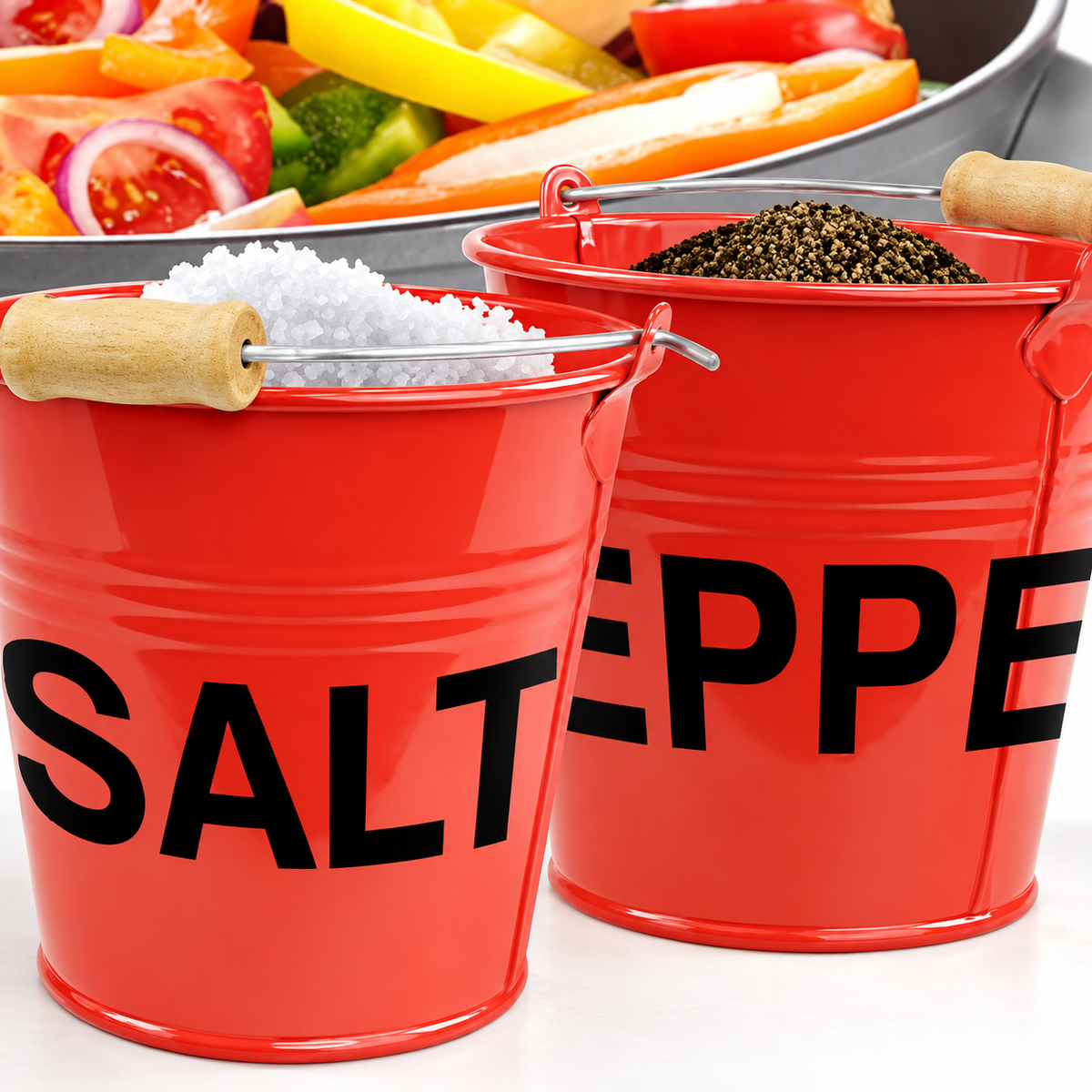 Close-up of red salt and pepper fire bucket pinch pots filled with seasoning beside a bowl of vegetables