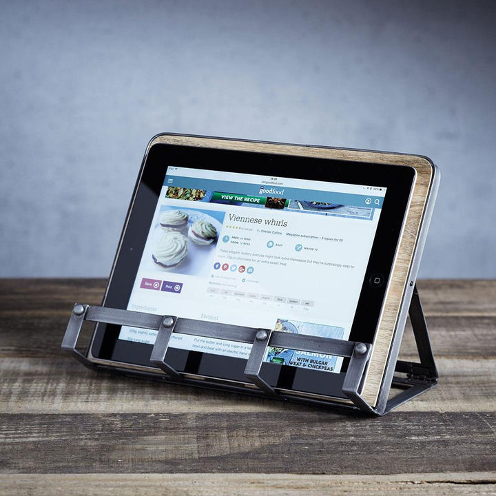 Kitchencraft - Industrial Kitchen Metal / Wooden Cookbook Stand & Tablet Holder - Kitchen Homeware - mzube - INDCBSTAND