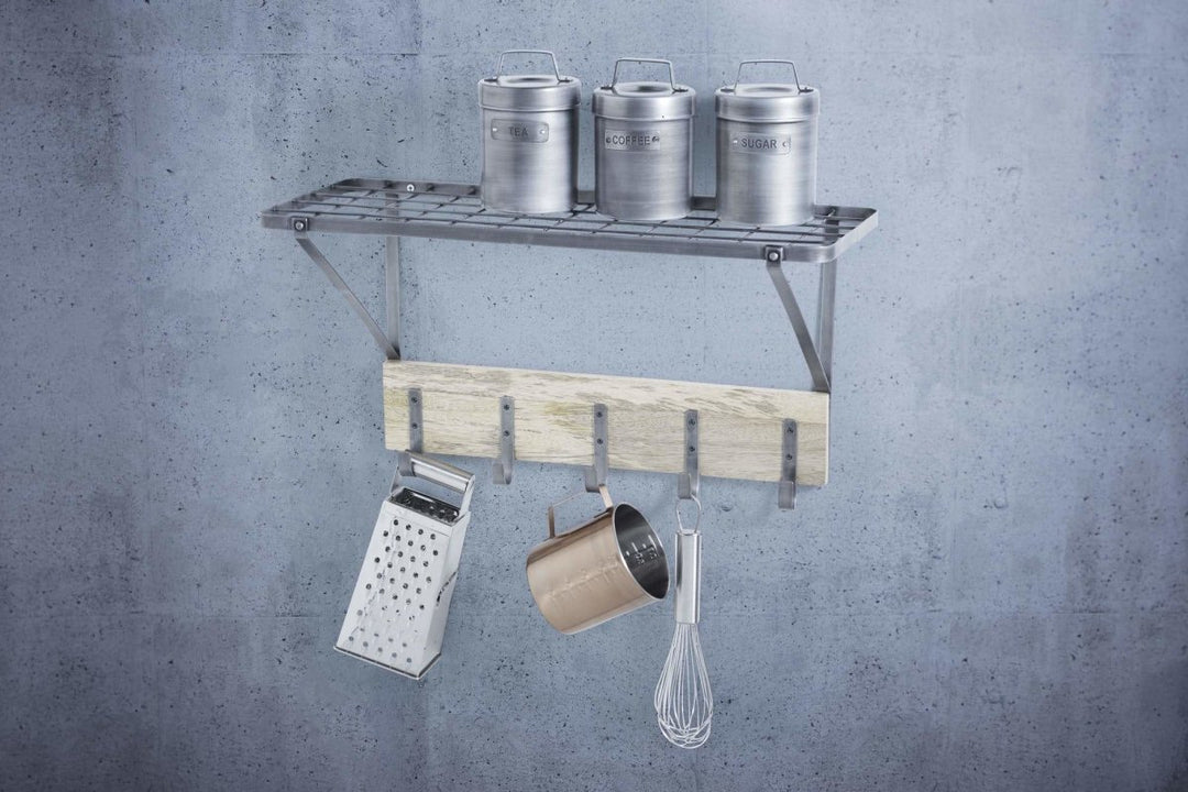 Kitchencraft - Industrial Kitchen Wall-Mounted Shelf with Hooks - Kitchen Homeware - mzube - INDWALLRACK